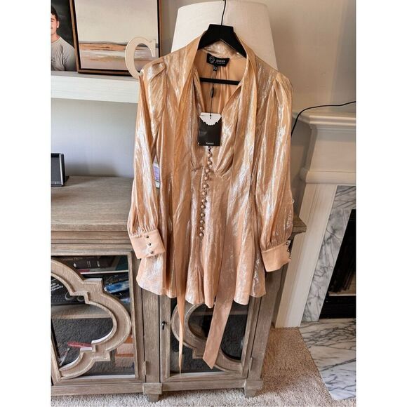 Stretsis NWT Metallic Pink Romper Bow Tie Neckline Size  4 - Picture 1 of 13